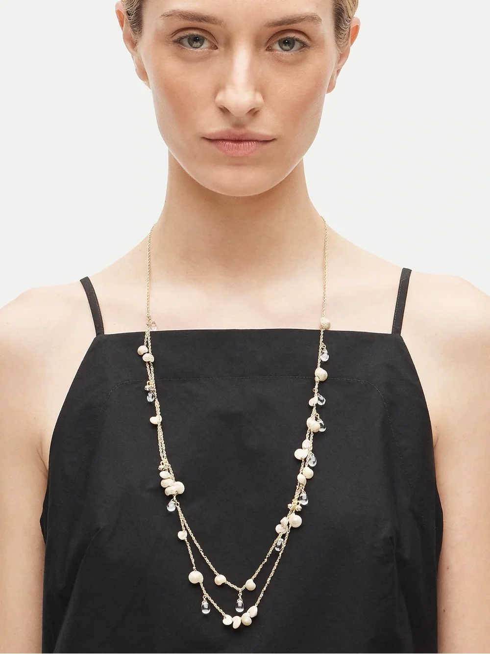 J. Crew Gold-Tone Multi Strand Necklace with Cream Shell and Clear Drops